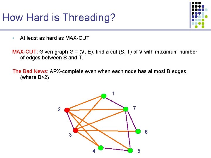 How Hard is Threading? • At least as hard as MAX-CUT: Given graph G