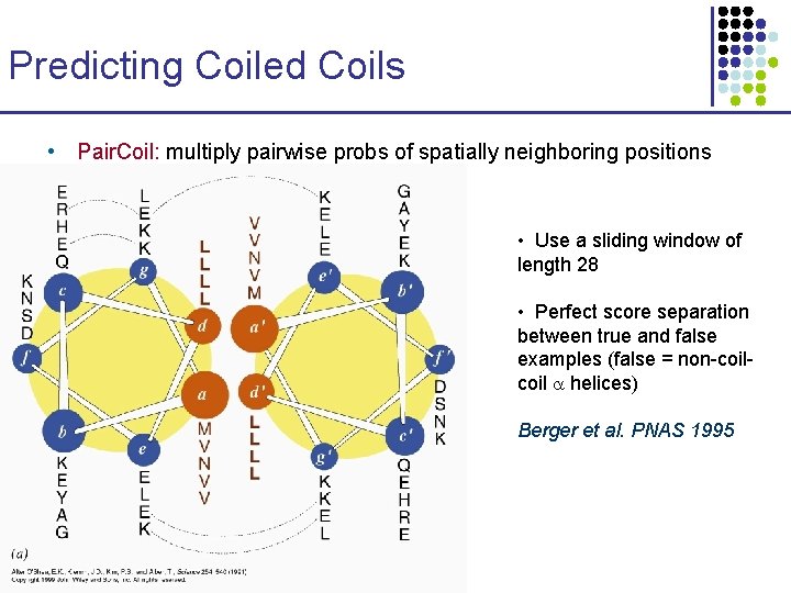 Predicting Coiled Coils • Pair. Coil: multiply pairwise probs of spatially neighboring positions •