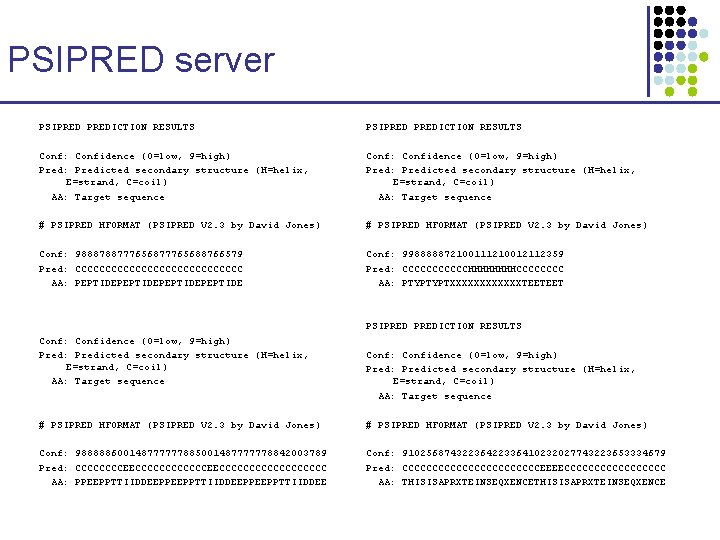 PSIPRED server PSIPREDICTION RESULTS Conf: Confidence (0=low, 9=high) Pred: Predicted secondary structure (H=helix, E=strand,