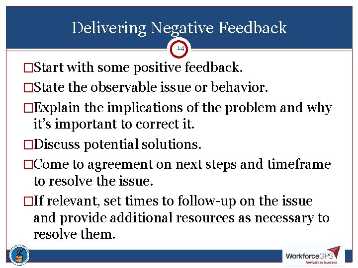Delivering Negative Feedback 14 1114 �Start with some positive feedback. �State the observable issue