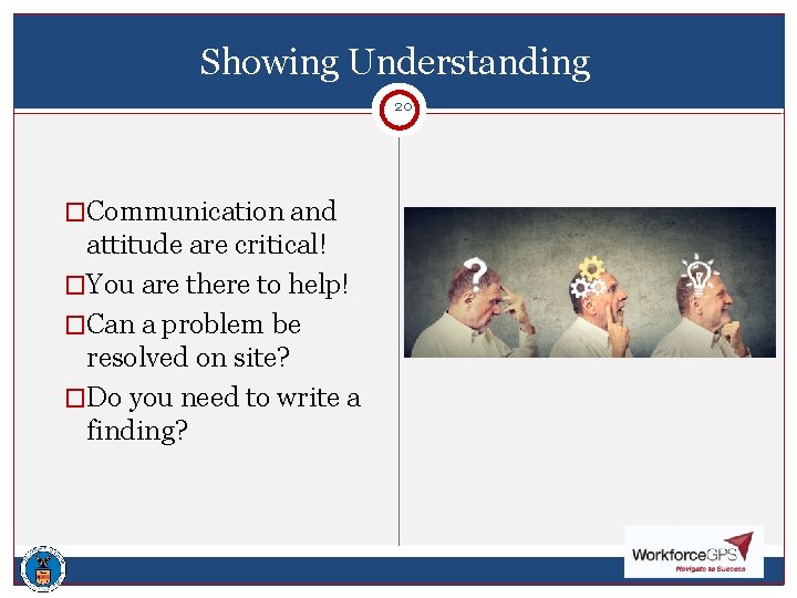 Showing Understanding 20 20 �Communication and attitude are critical! �You are there to help!