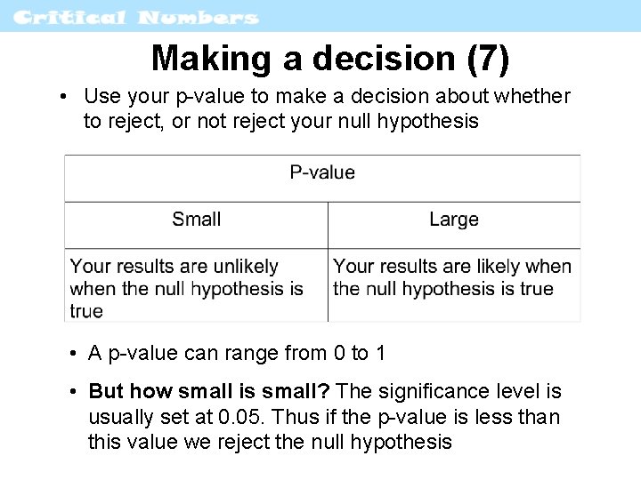 Making a decision (7) • Use your p-value to make a decision about whether