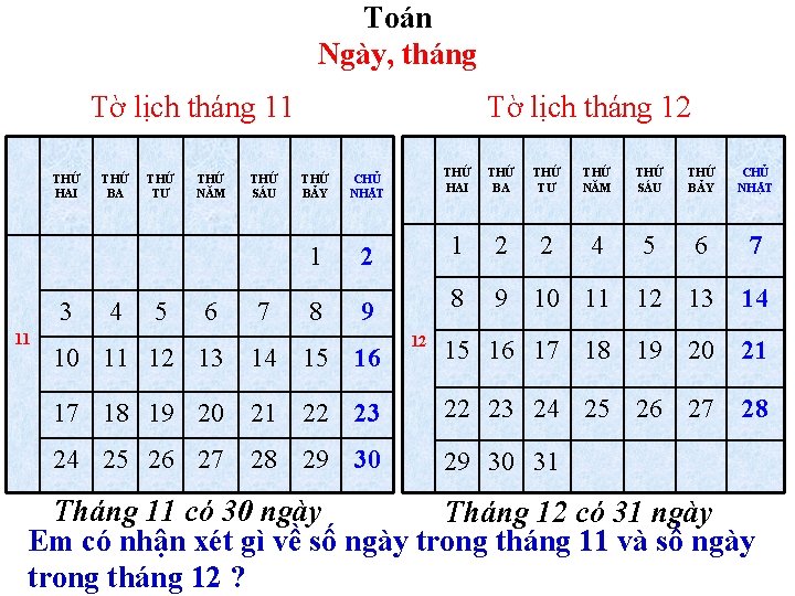 Toán Ngày, tháng Tờ lịch tháng 11 THỨ HAI 3 11 THỨ BA 4