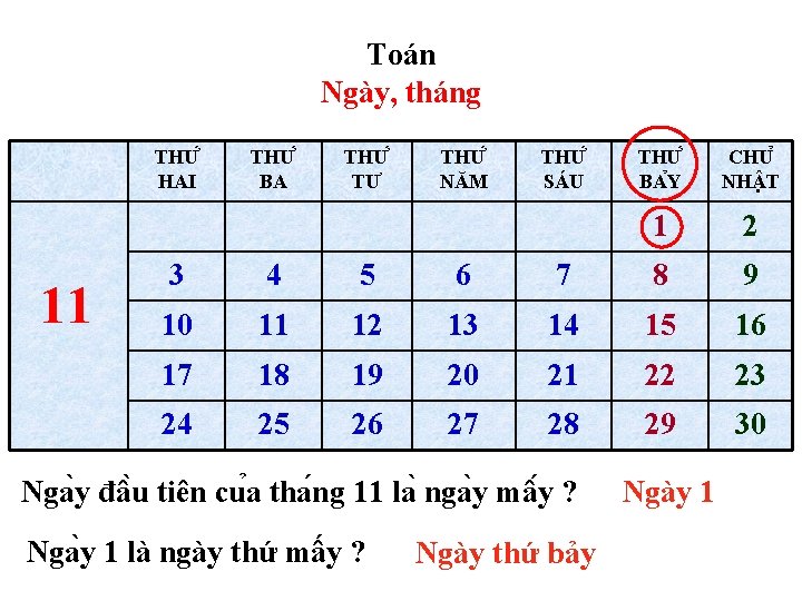 Toán Ngày, tháng THƯ HAI 11 THƯ BA THƯ TƯ THƯ NĂM THƯ SÁU