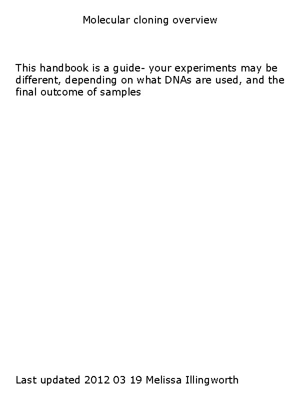 Molecular cloning overview This handbook is a guide- your experiments may be different, depending