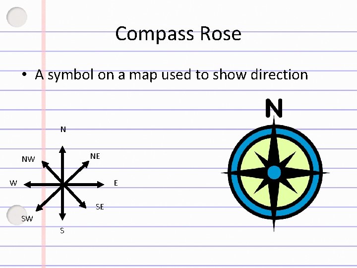 Compass Rose • A symbol on a map used to show direction N NE