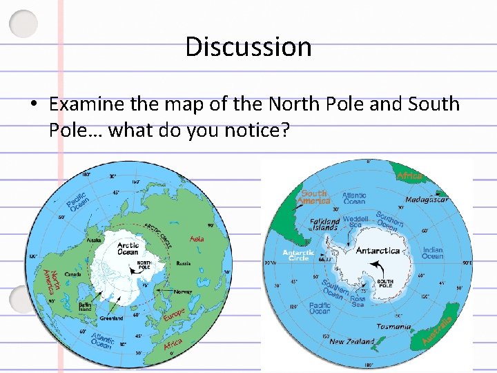 Discussion • Examine the map of the North Pole and South Pole… what do