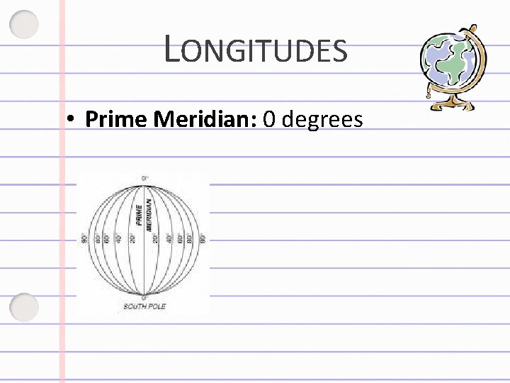 LONGITUDES • Prime Meridian: 0 degrees 