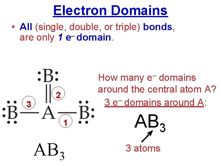 Electron Domains • All (single, double, or triple) bonds, are only 1 e– domain.