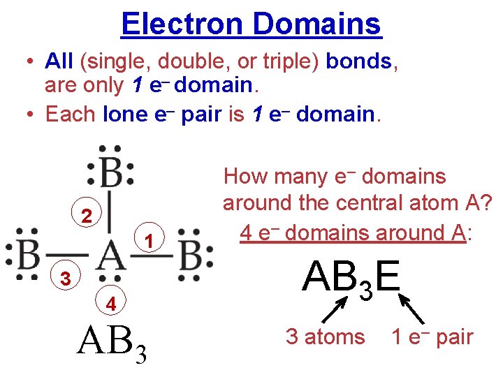 Electron Domains • All (single, double, or triple) bonds, are only 1 e– domain.