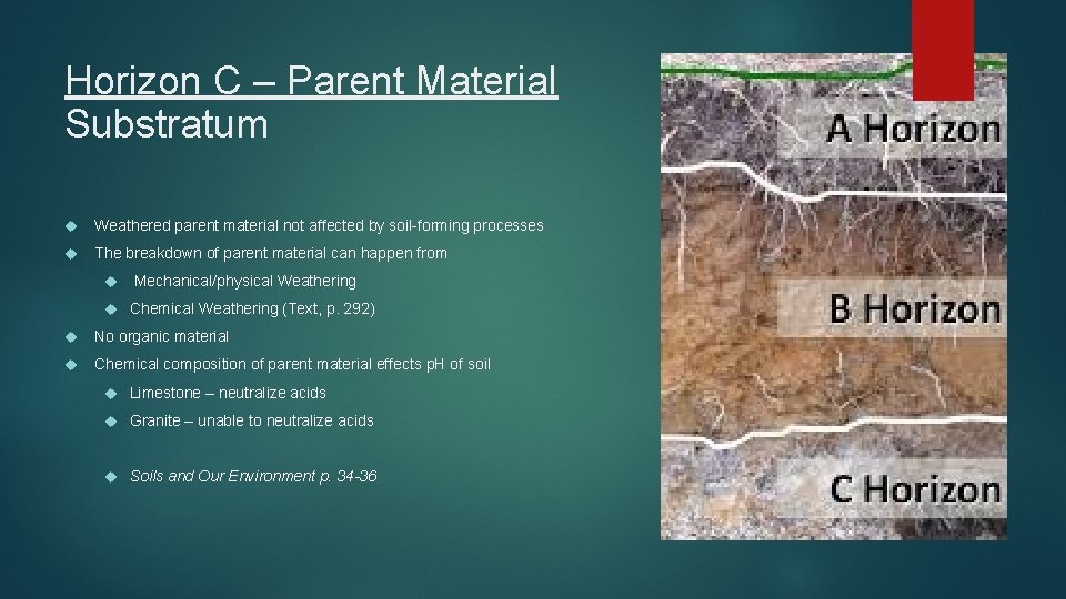 Horizon C – Parent Material Substratum Weathered parent material not affected by soil-forming processes