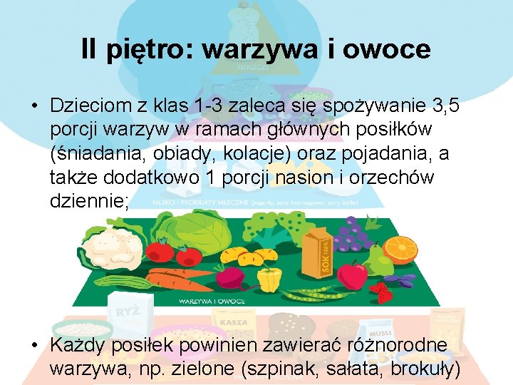 II piętro: warzywa i owoce • Dzieciom z klas 1 -3 zaleca się spożywanie