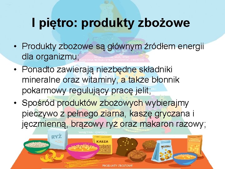 I piętro: produkty zbożowe • Produkty zbożowe są głównym źródłem energii dla organizmu; •