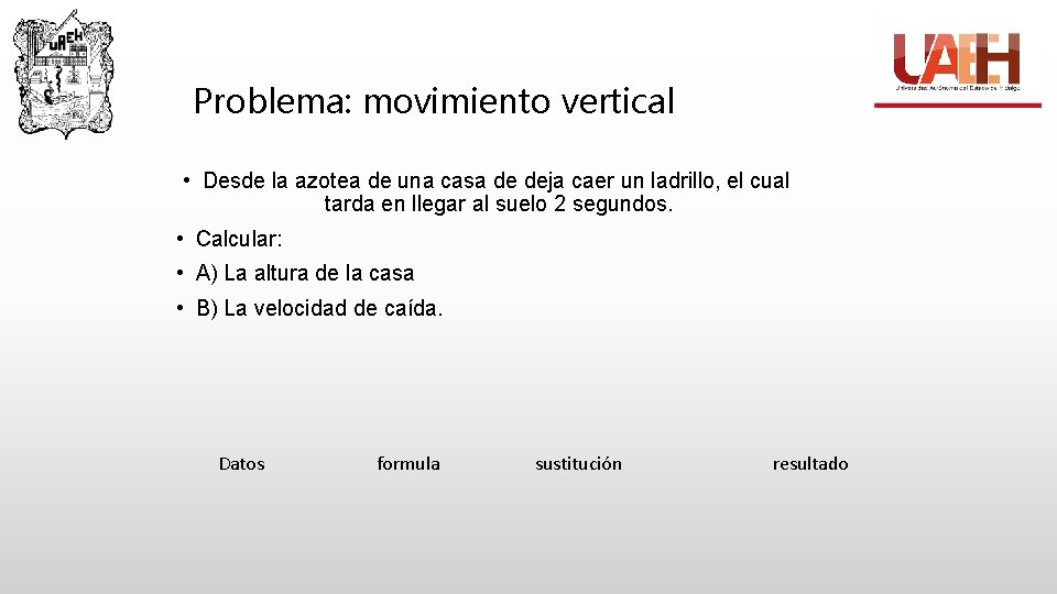 Problema: movimiento vertical • Desde la azotea de una casa de deja caer un