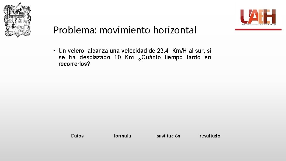 Problema: movimiento horizontal • Un velero alcanza una velocidad de 23. 4 Km/H al