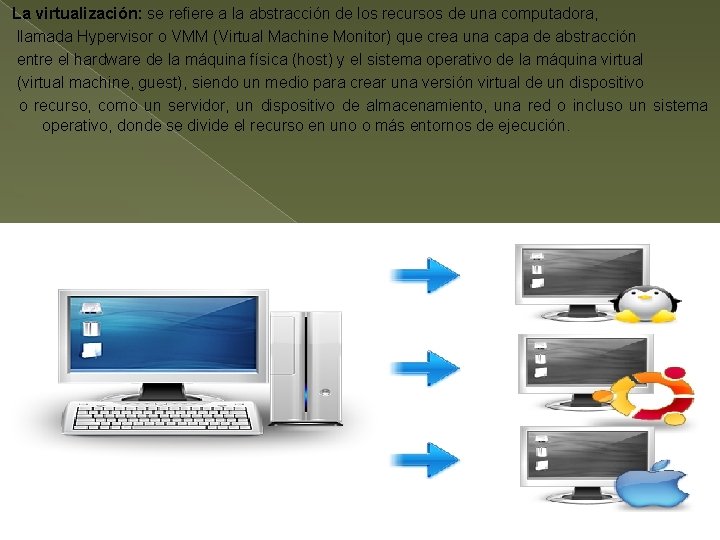 La virtualización: se refiere a la abstracción de los recursos de una computadora, llamada