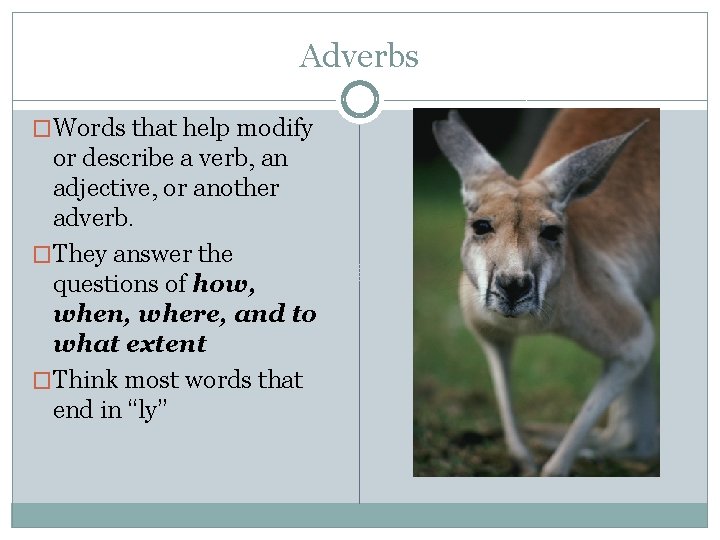 Adverbs �Words that help modify or describe a verb, an adjective, or another adverb.