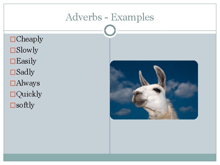 Adverbs - Examples �Cheaply �Slowly �Easily �Sadly �Always �Quickly �softly 