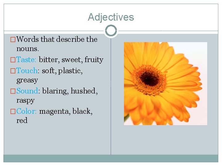 Adjectives �Words that describe the nouns. �Taste: bitter, sweet, fruity �Touch: soft, plastic, greasy