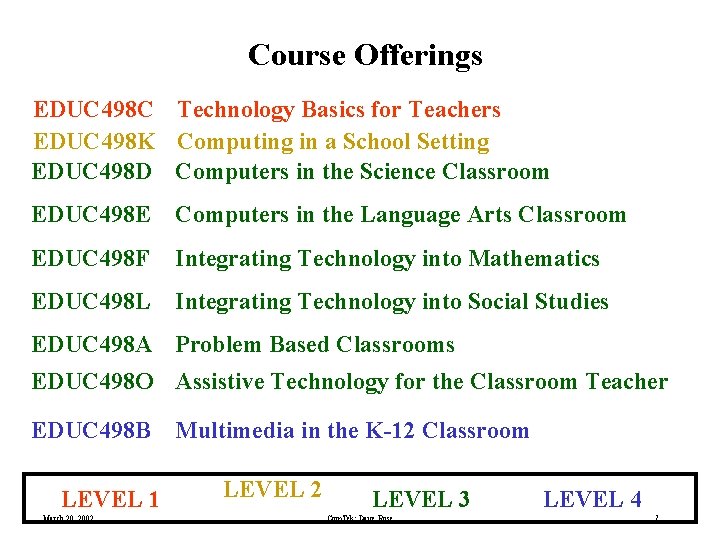 Course Offerings EDUC 498 C Technology Basics for Teachers EDUC 498 K Computing in