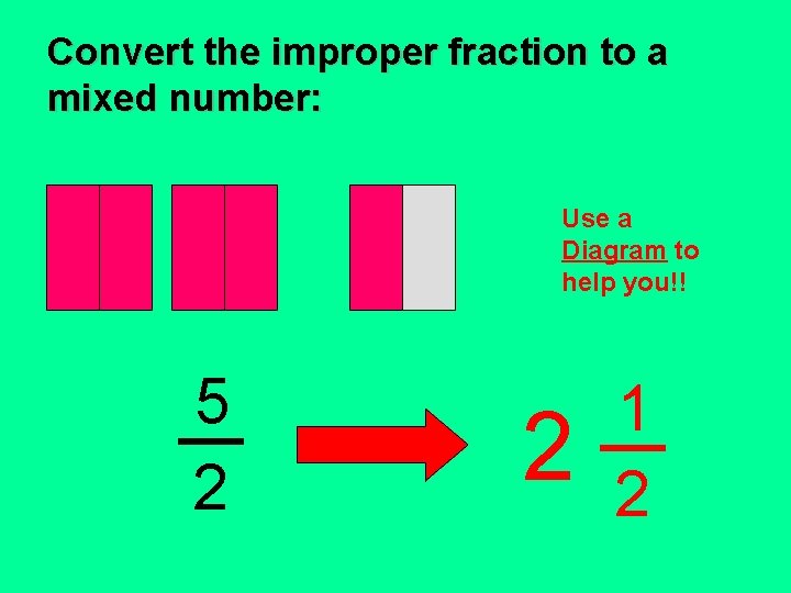 Convert the improper fraction to a mixed number: Use a Diagram to help you!! Convert the improper fraction to a mixed number: Use a Diagram to help you!!