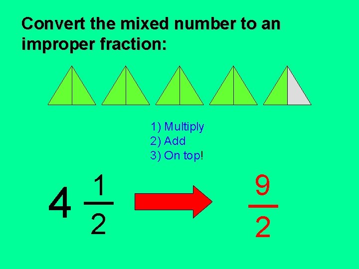 Convert the mixed number to an improper fraction: 1) Multiply 2) Add 3) On Convert the mixed number to an improper fraction: 1) Multiply 2) Add 3) On