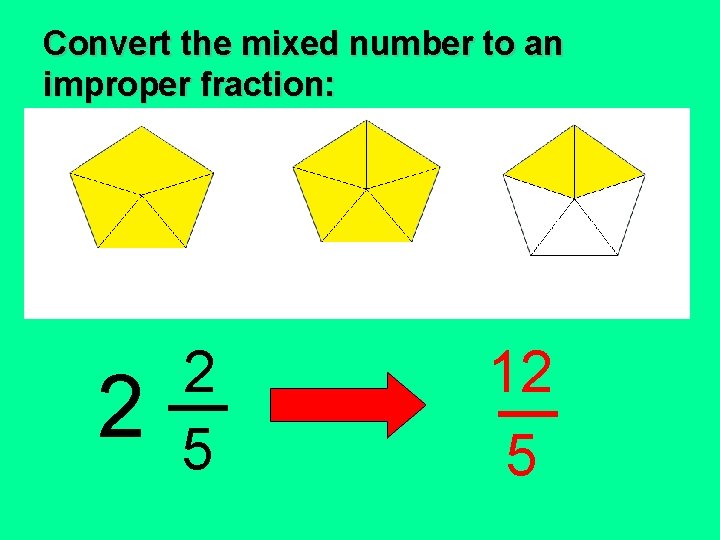Convert the mixed number to an improper fraction: 2 2 5 12 5 Convert the mixed number to an improper fraction: 2 2 5 12 5