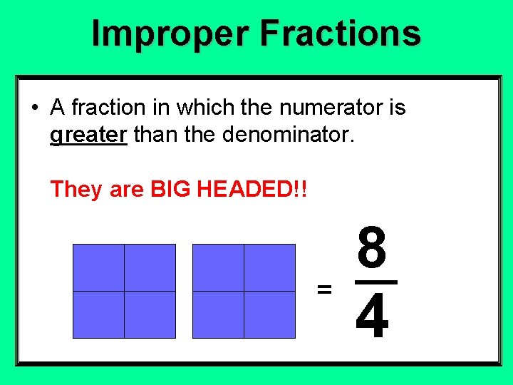 Improper Fractions • A fraction in which the numerator is greater than the denominator. Improper Fractions • A fraction in which the numerator is greater than the denominator.