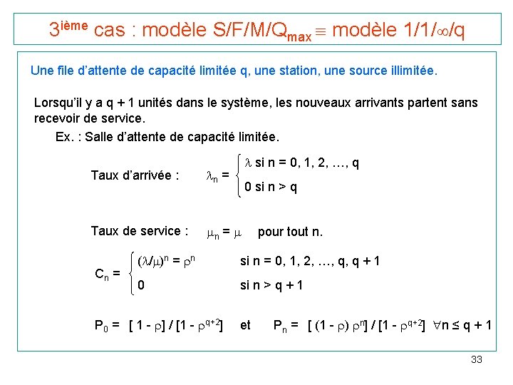 3 ième cas : modèle S/F/M/Qmax modèle 1/1/ /q Une file d’attente de capacité