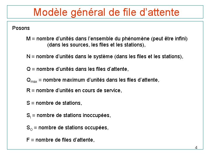 Modèle général de file d’attente Posons M nombre d’unités dans l’ensemble du phénomène (peut