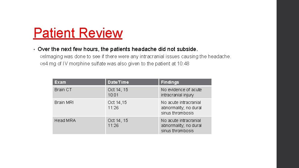 Patient Review • Over the next few hours, the patients headache did not subside.