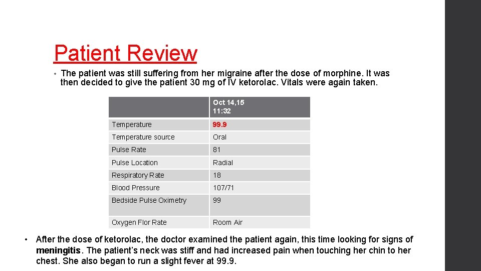 Patient Review • The patient was still suffering from her migraine after the dose