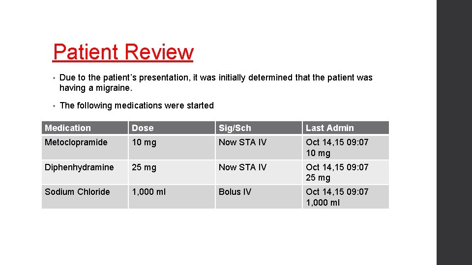 Patient Review • Due to the patient’s presentation, it was initially determined that the