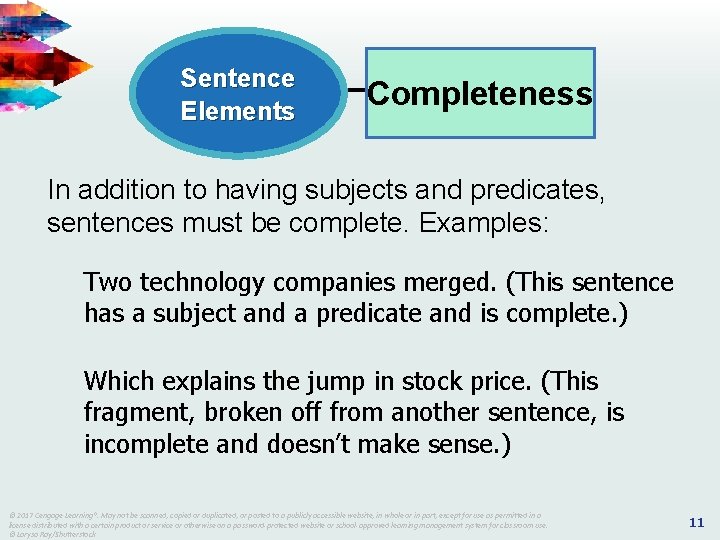 Sentence Elements Completeness In addition to having subjects and predicates, sentences must be complete.