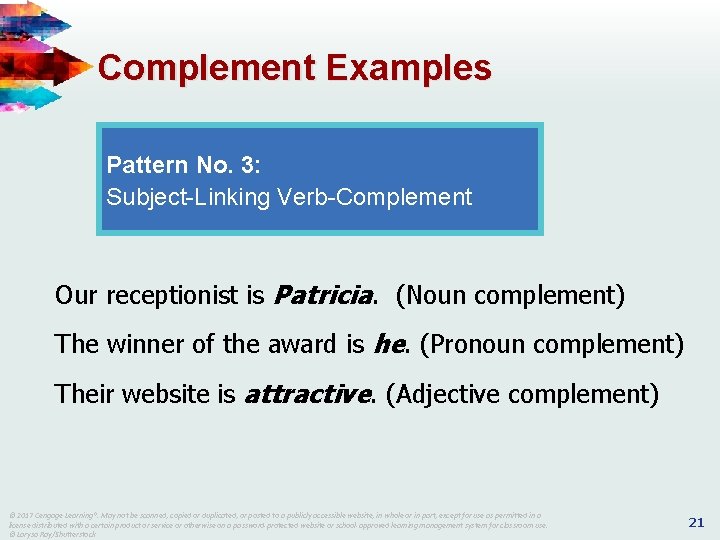 Complement Examples Pattern No. 3: Subject-Linking Verb-Complement Our receptionist is Patricia. (Noun complement) The