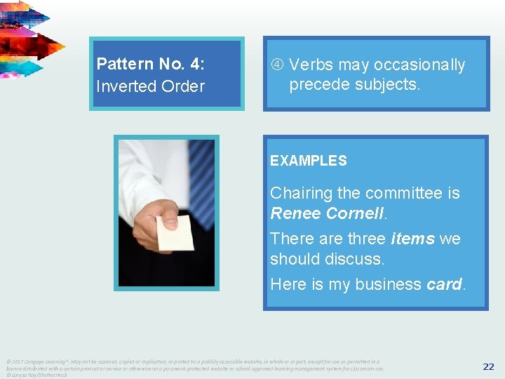 Pattern No. 4: Inverted Order Verbs may occasionally precede subjects. EXAMPLES Chairing the committee