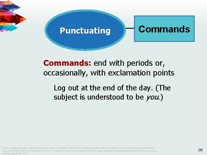 Punctuating Commands: end with periods or, occasionally, with exclamation points Log out at the
