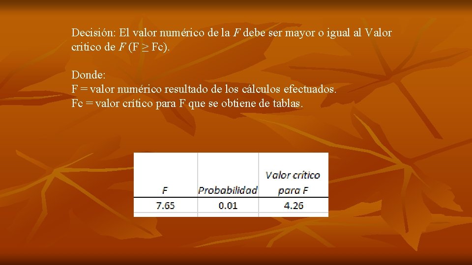 Decisión: El valor numérico de la F debe ser mayor o igual al Valor