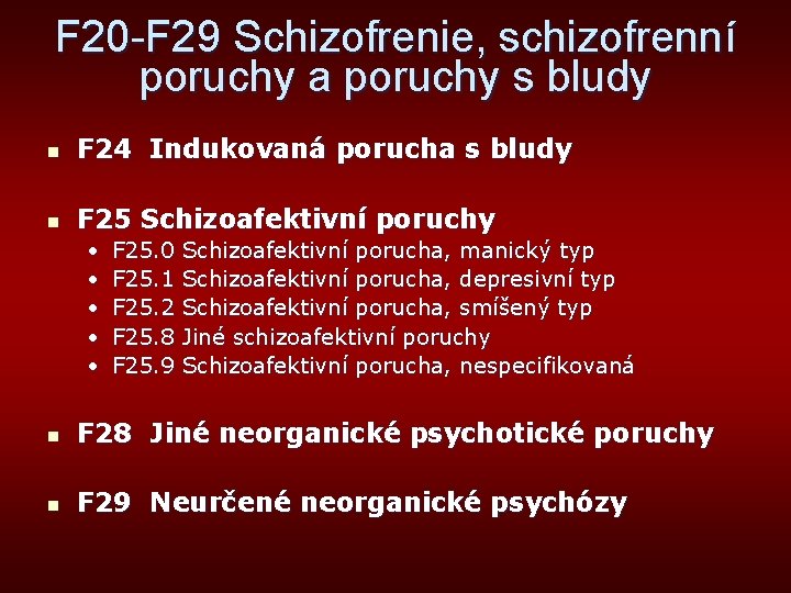 F 20 -F 29 Schizofrenie, schizofrenní poruchy a poruchy s bludy n F 24
