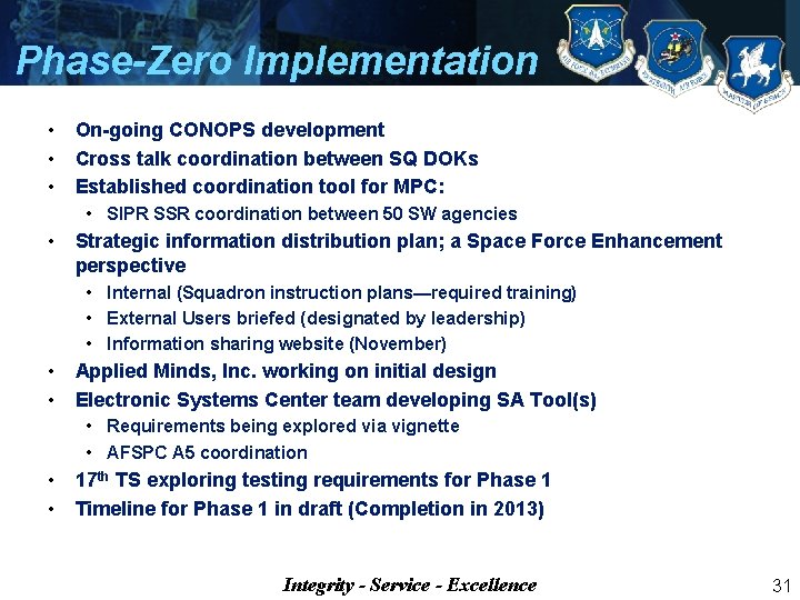 Phase-Zero Implementation • On-going CONOPS development • Cross talk coordination between SQ DOKs •