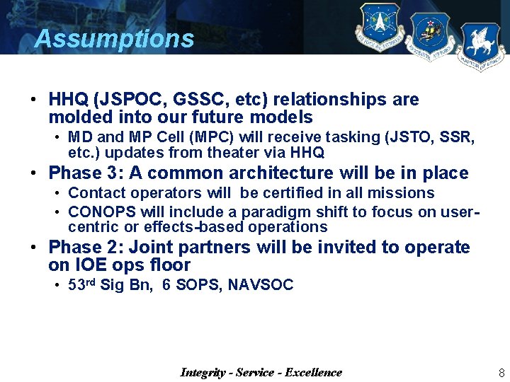 Assumptions • HHQ (JSPOC, GSSC, etc) relationships are molded into our future models •