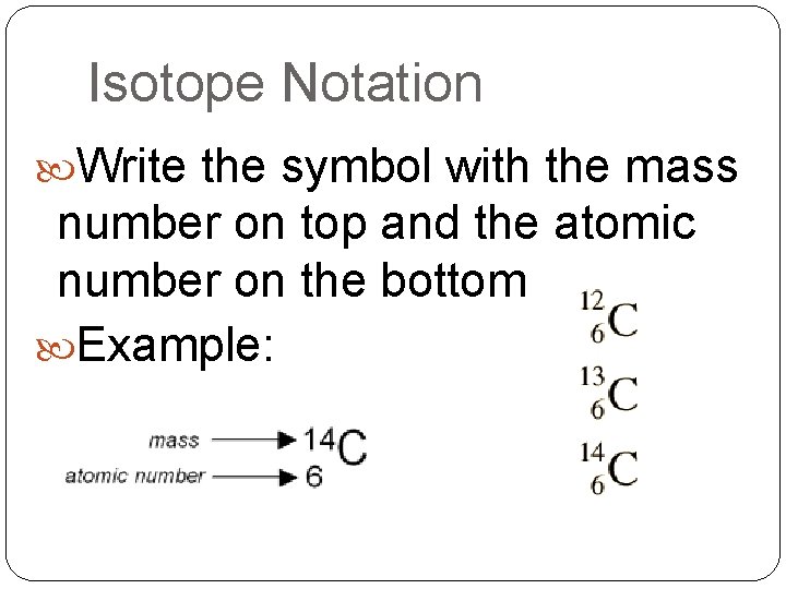 Isotope Notation Write the symbol with the mass number on top and the atomic