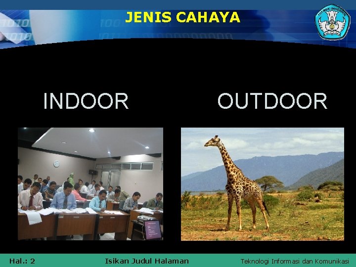 JENIS CAHAYA INDOOR Hal. : 2 Isikan Judul Halaman OUTDOOR Teknologi Informasi dan Komunikasi