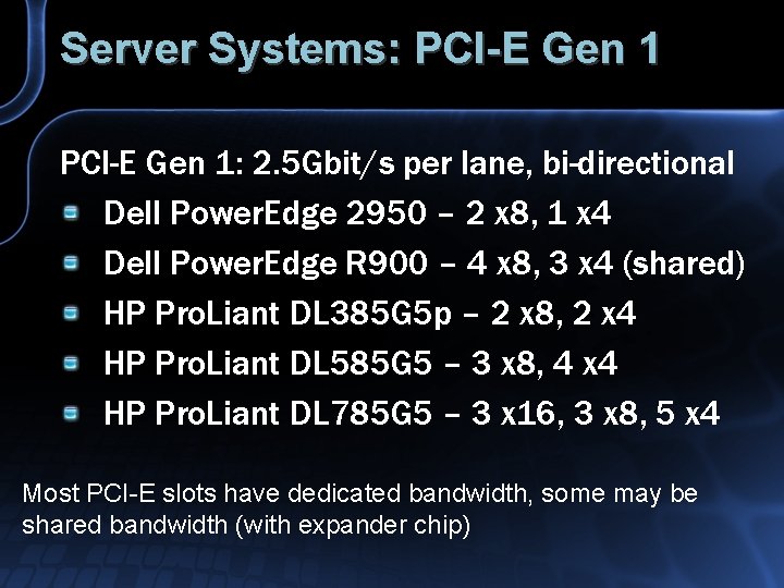 Server Systems: PCI-E Gen 1: 2. 5 Gbit/s per lane, bi-directional Dell Power. Edge