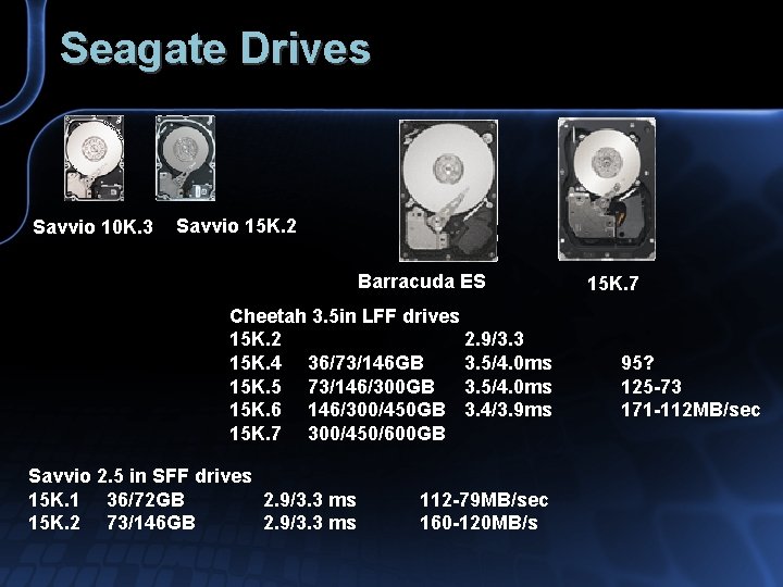 Seagate Drives Savvio 10 K. 3 Savvio 15 K. 2 Barracuda ES Cheetah 3.