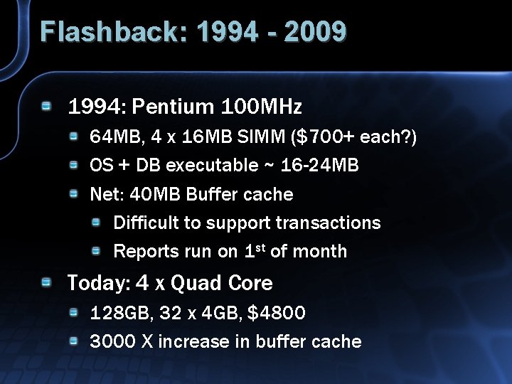 Flashback: 1994 - 2009 1994: Pentium 100 MHz 64 MB, 4 x 16 MB