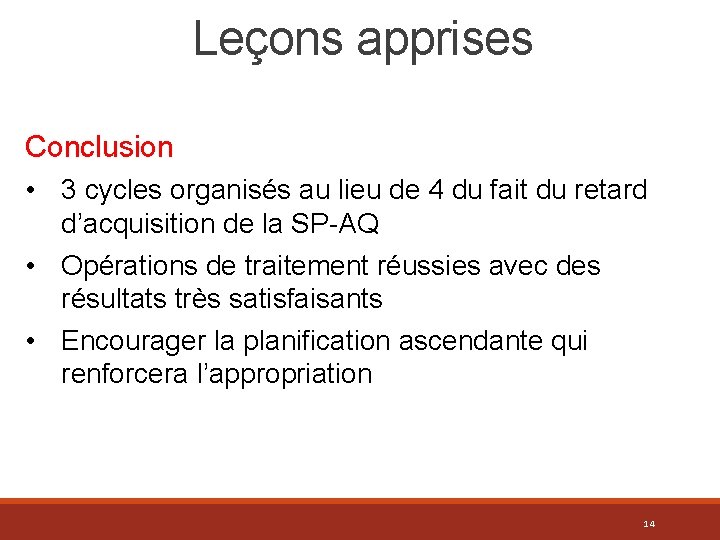 Leçons apprises Conclusion • 3 cycles organisés au lieu de 4 du fait du