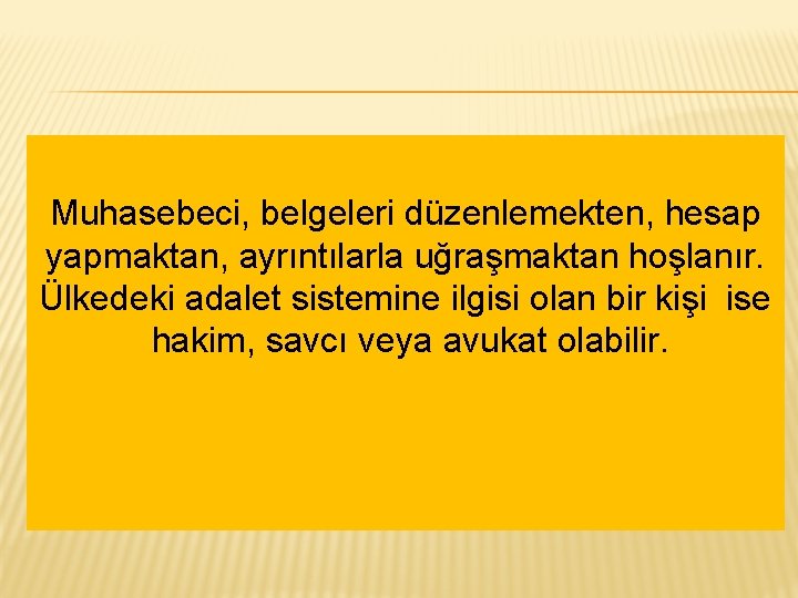 Muhasebeci, belgeleri düzenlemekten, hesap yapmaktan, ayrıntılarla uğraşmaktan hoşlanır. Ülkedeki adalet sistemine ilgisi olan bir