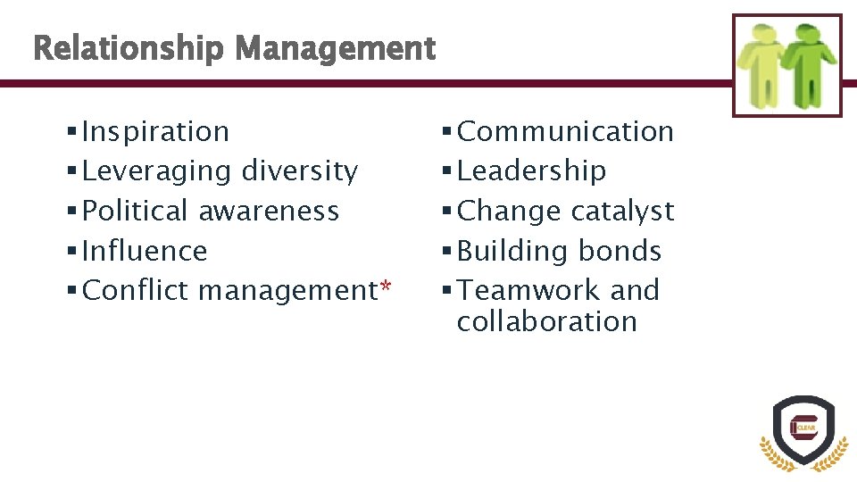 Relationship Management § Inspiration § Leveraging diversity § Political awareness § Influence § Conflict