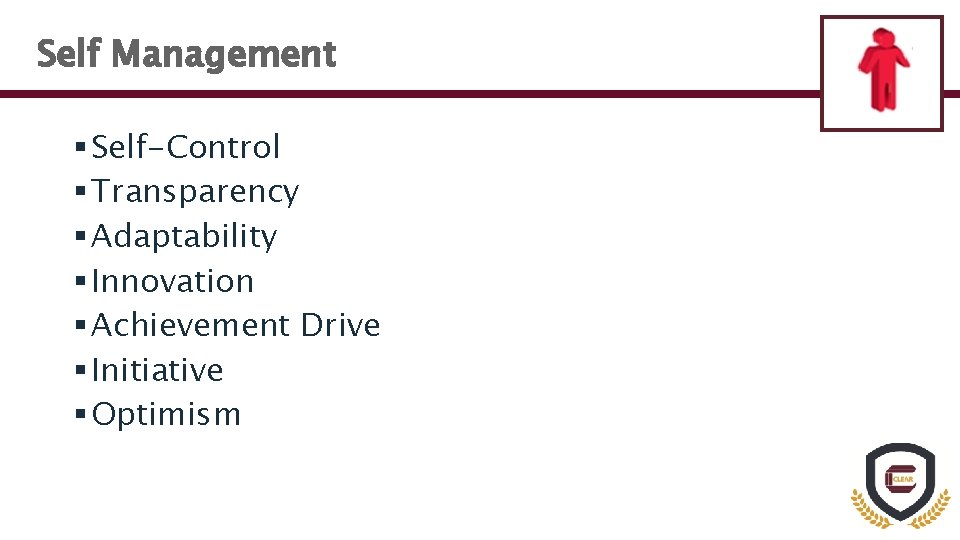 Self Management § Self-Control § Transparency § Adaptability § Innovation § Achievement Drive §